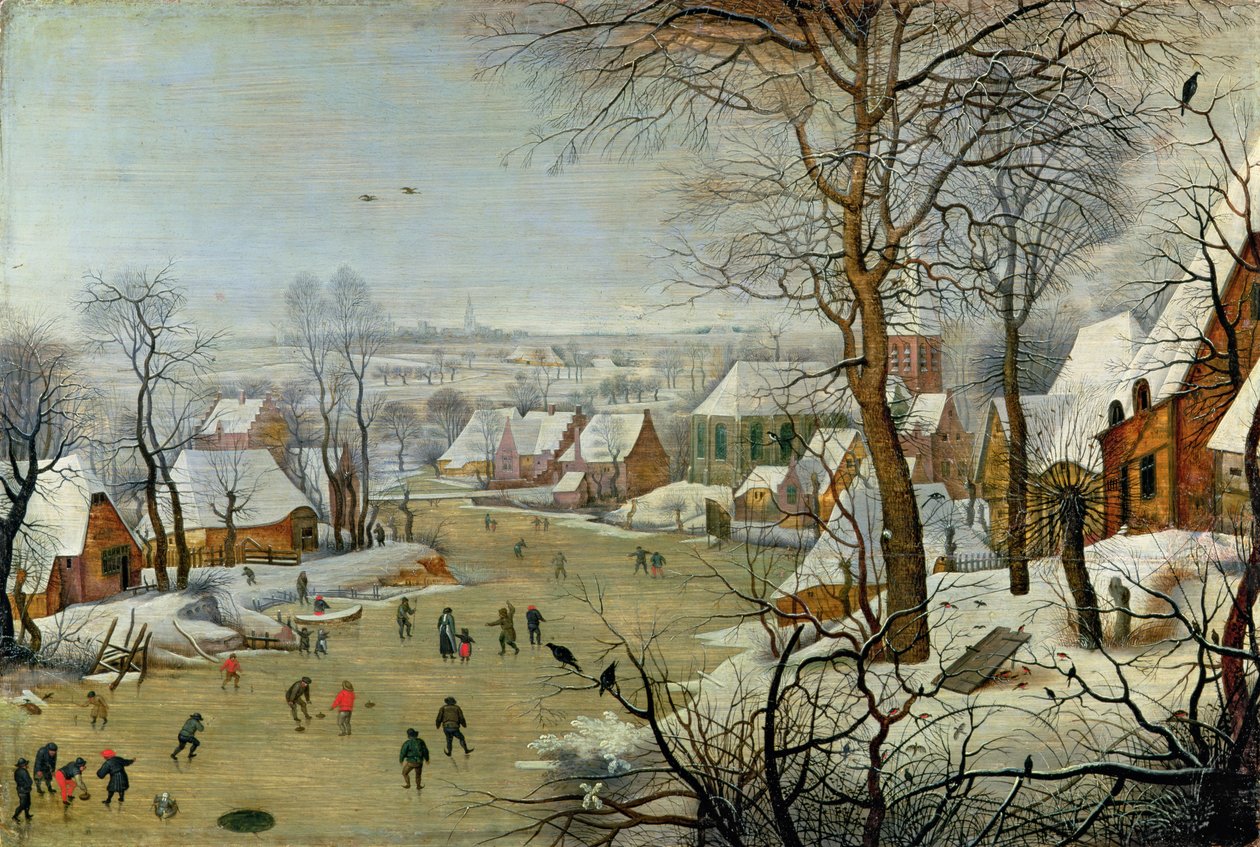Zimní krajina s bruslaři a pastí na ptáky od Pieter Brueghel the Younger