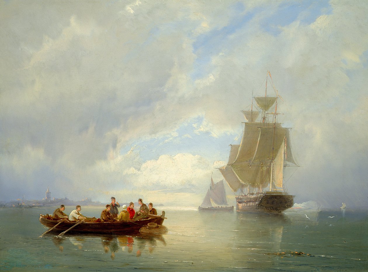 Zklidněná loď a veslice od Pieter Christiaan Cornelis Dommelshuizen