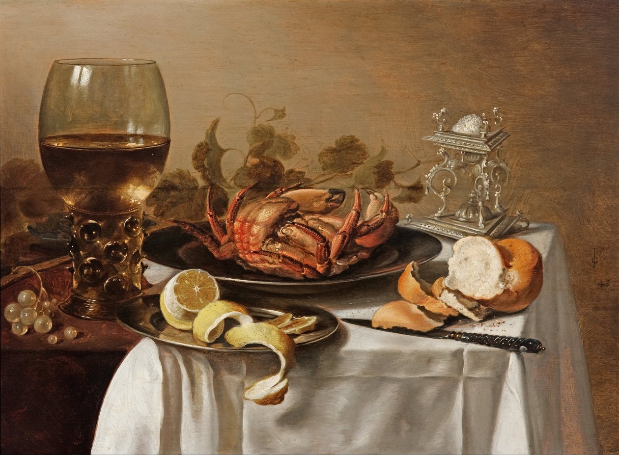 Zátiší s roemerem, krabem a oloupaným citronem od Pieter Claesz
