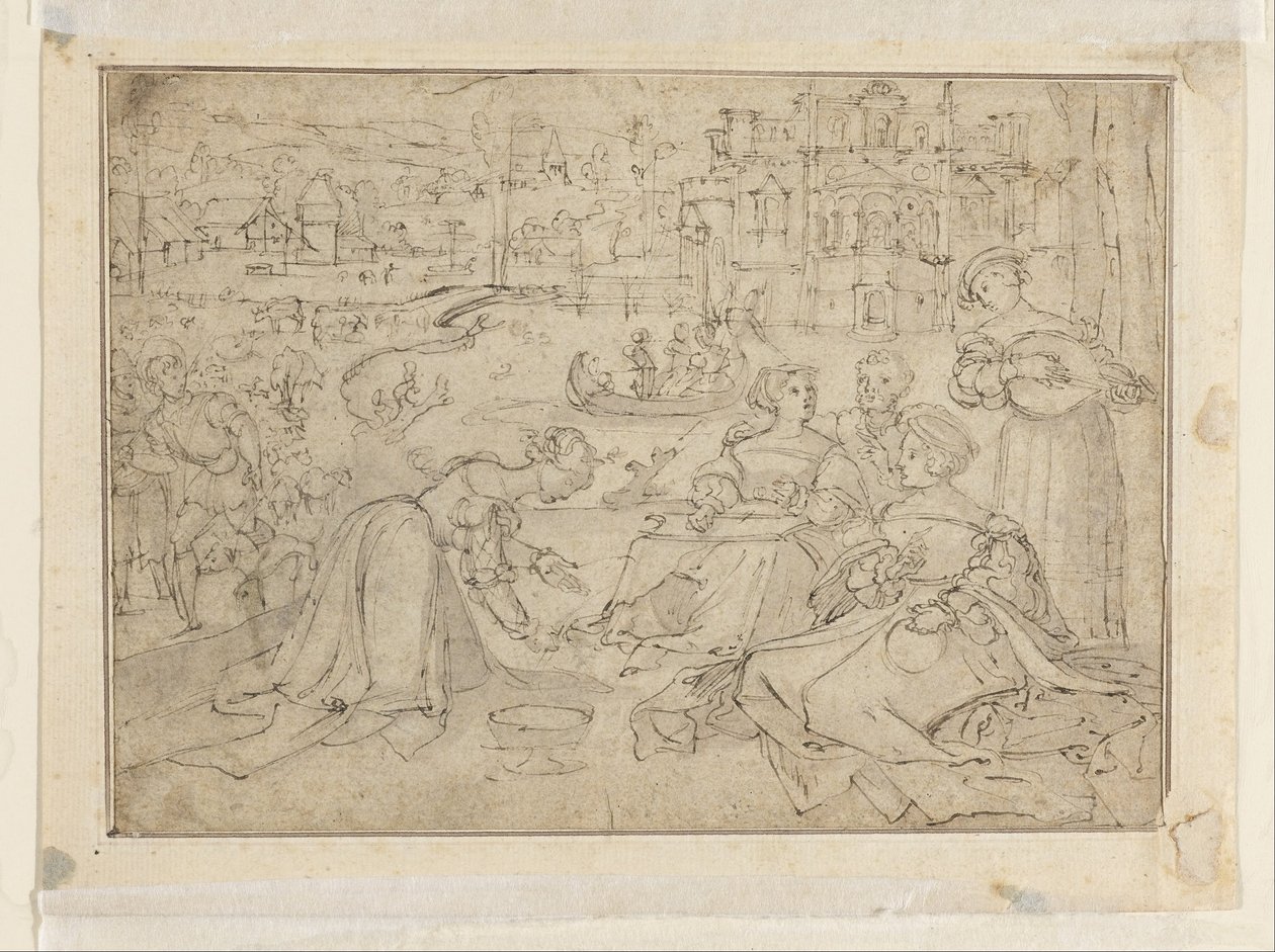 Recto: Měsíc duben (postavy v parku u hradu) od Pieter Coecke van Aelst