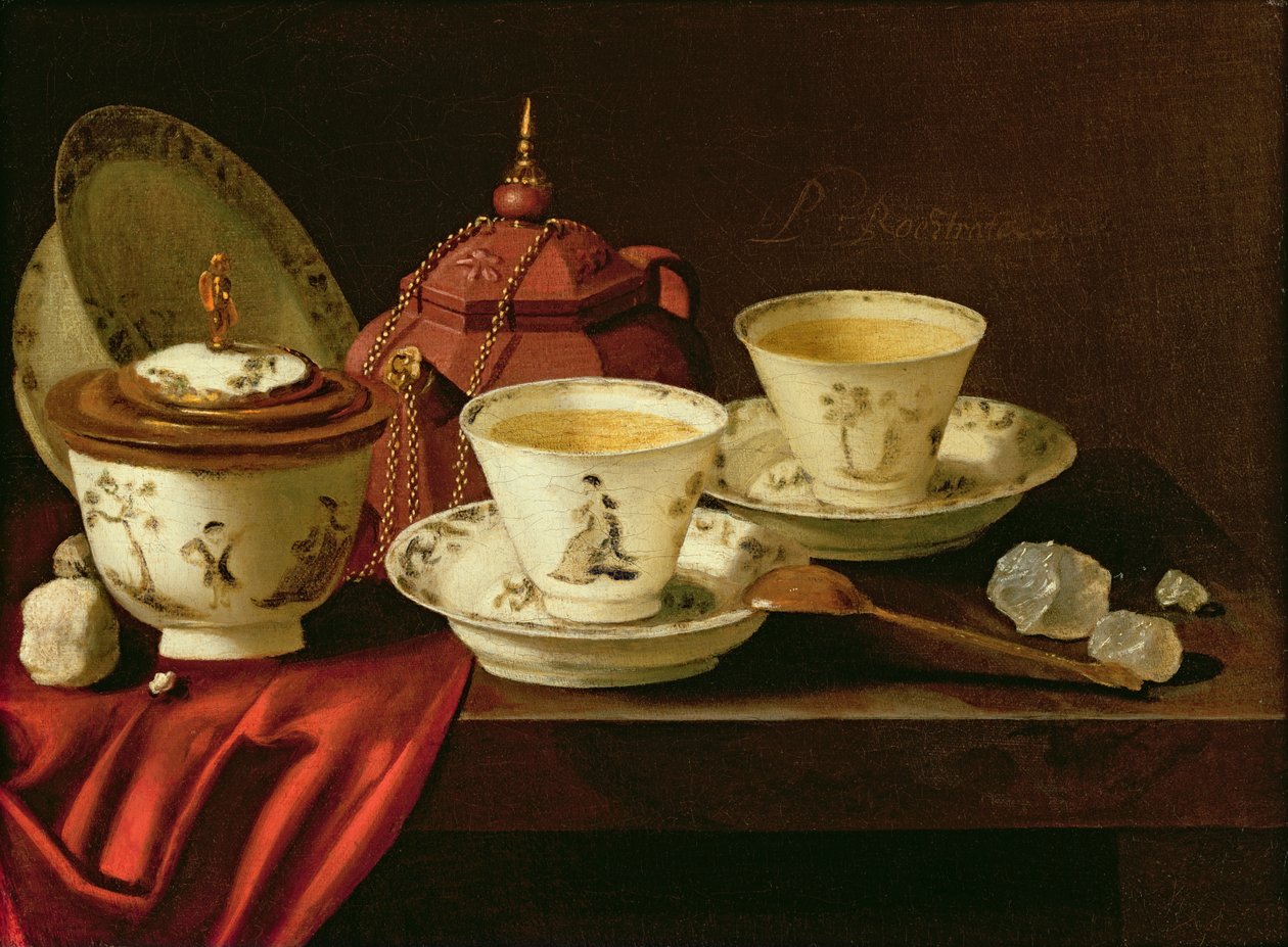 Yixingská čajová konvice a čínský porcelán Tete-a-Tete na částečně stažené římse od Pieter Gerritsz. van Roestraten