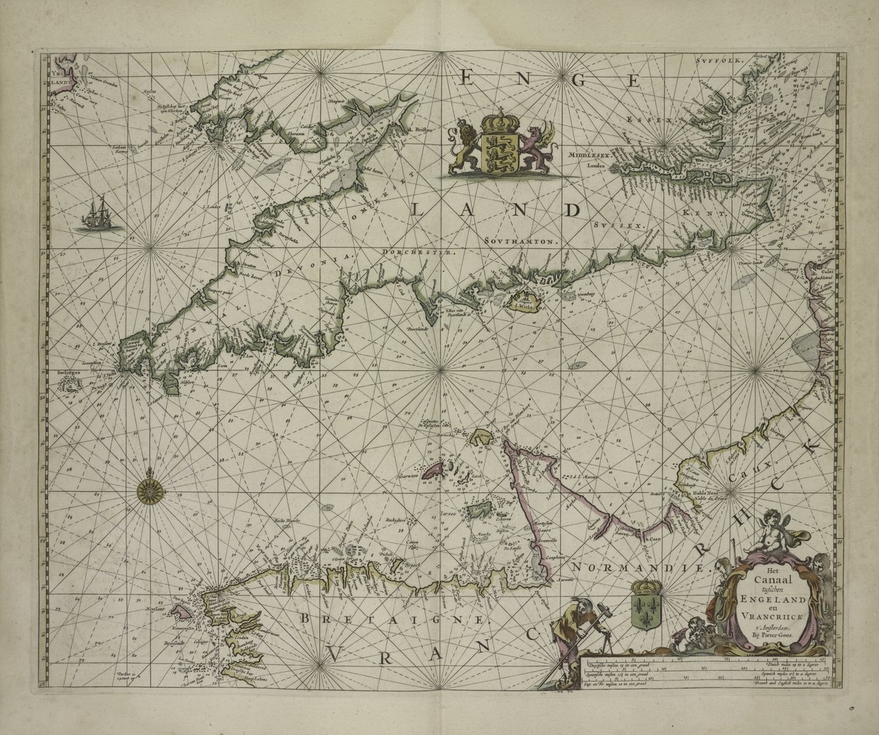 Starožitná mapa kanálu, 1666 (barevná rytina) od Pieter Goos