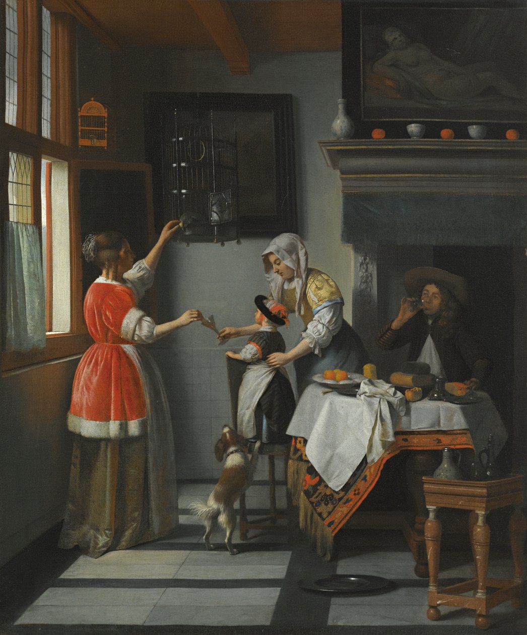 Interiér s dítětem krmícím papouška od Pieter de Hooch