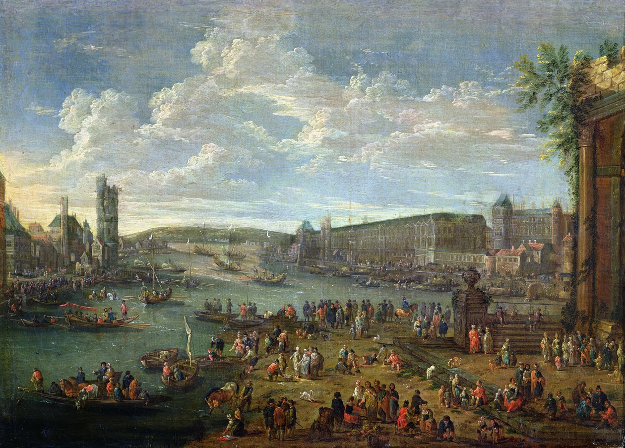 Pohled na Louvre a Tour de Nesles z Ile de la Cite, cca 1673-74 od Pieter II Casteels