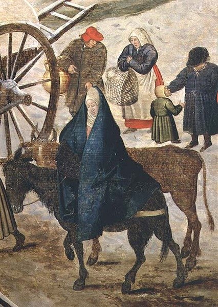 Placení desátku aneb Číslování v Betlémě, detail Panny Marie od Pieter III Brueghel