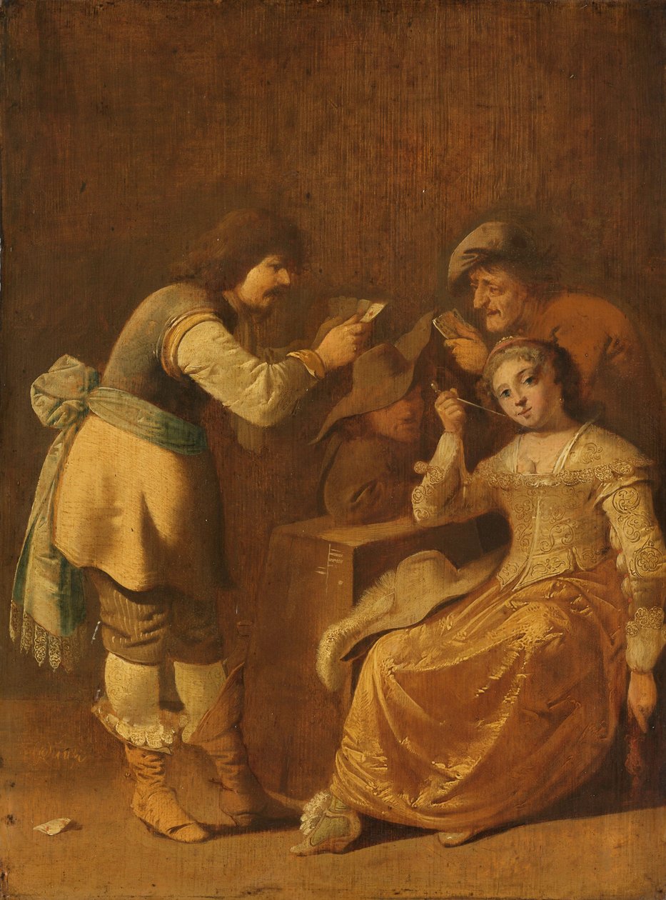 Hráči karet se ženou kouřící dýmku, 1630-47 od Pieter Jansz. Quast