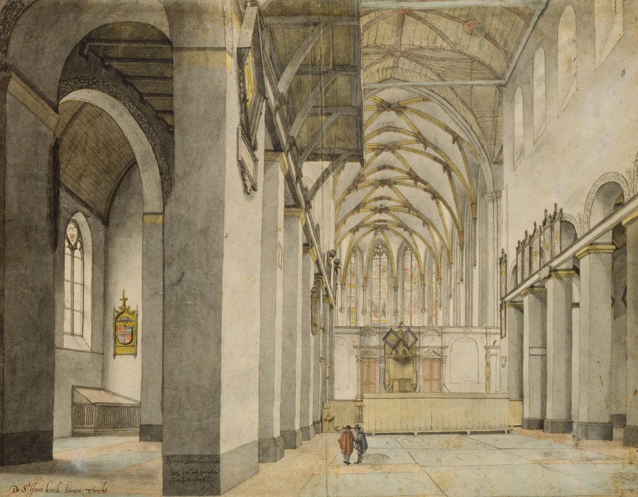 Vnitřní pohled, směrem na východ, Johanneskirche, Utrecht, 15. září 1636 (pero přes tužku a akvarel na papíře) od Pieter Janszoon Saenredam