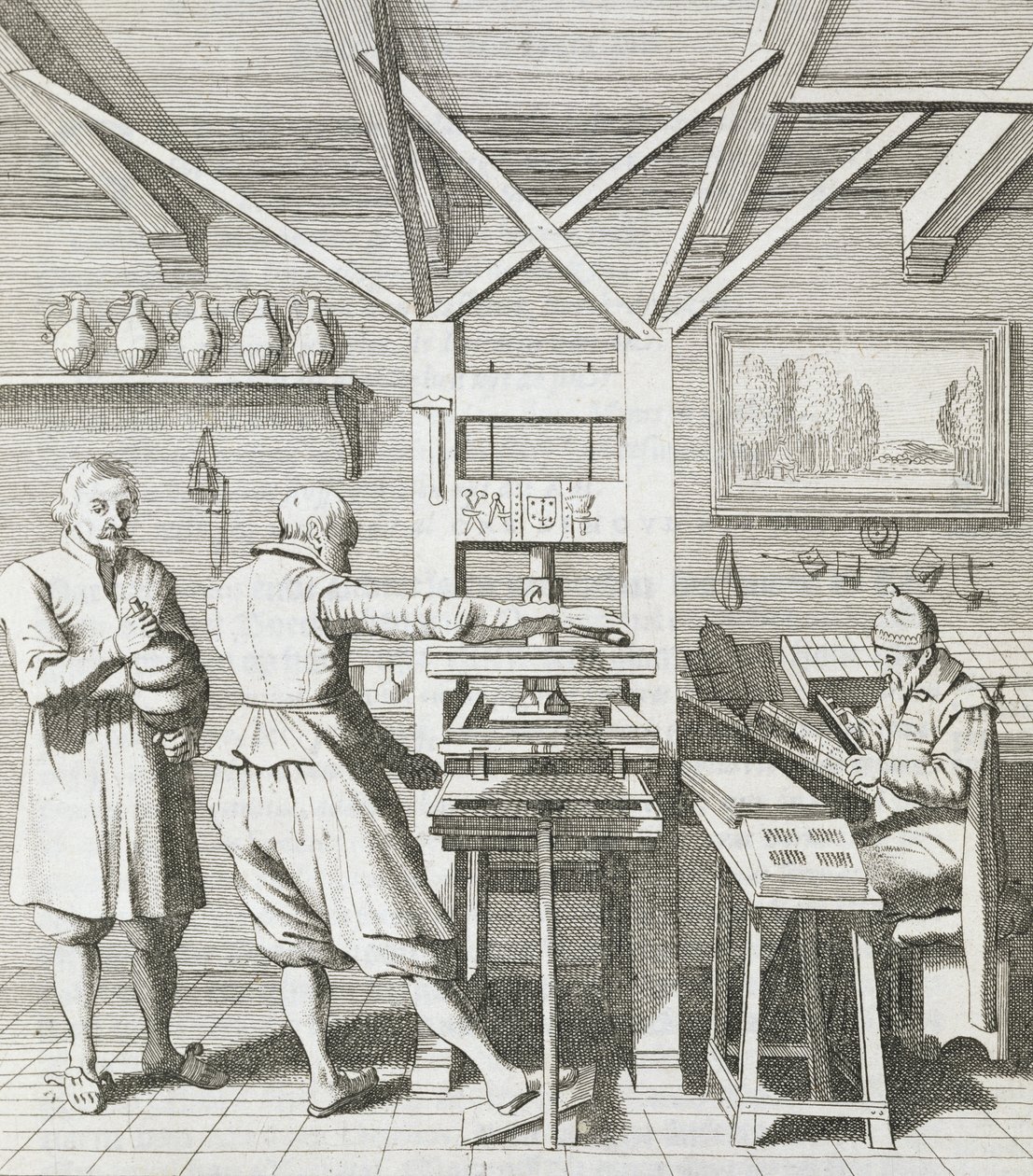 Kniha Laurens Janszoon Koster, vyrytá J. van der Velde, publikovaná v „Laure-crans voor Laurens Coster van Haelrem, Berste Vinder vande Boeck-druckery“ od Petruse Scriveriuse, 1628 (rytina od Pieter Janszoon Saenredam
