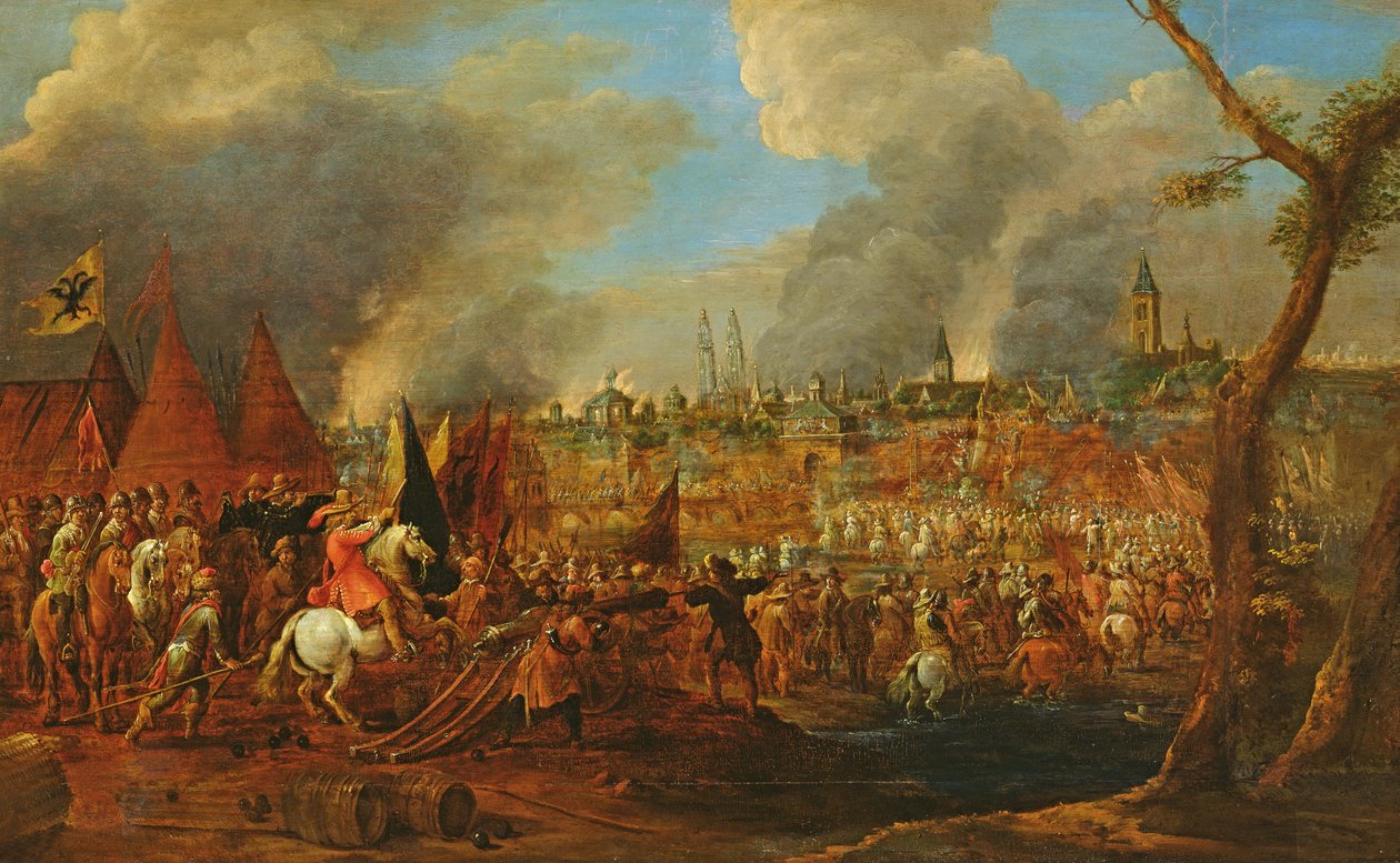 Obléhání města císařskými, možná obléhání Magdeburgu v roce 1631, kolem roku 1650 od Pieter Molenaer