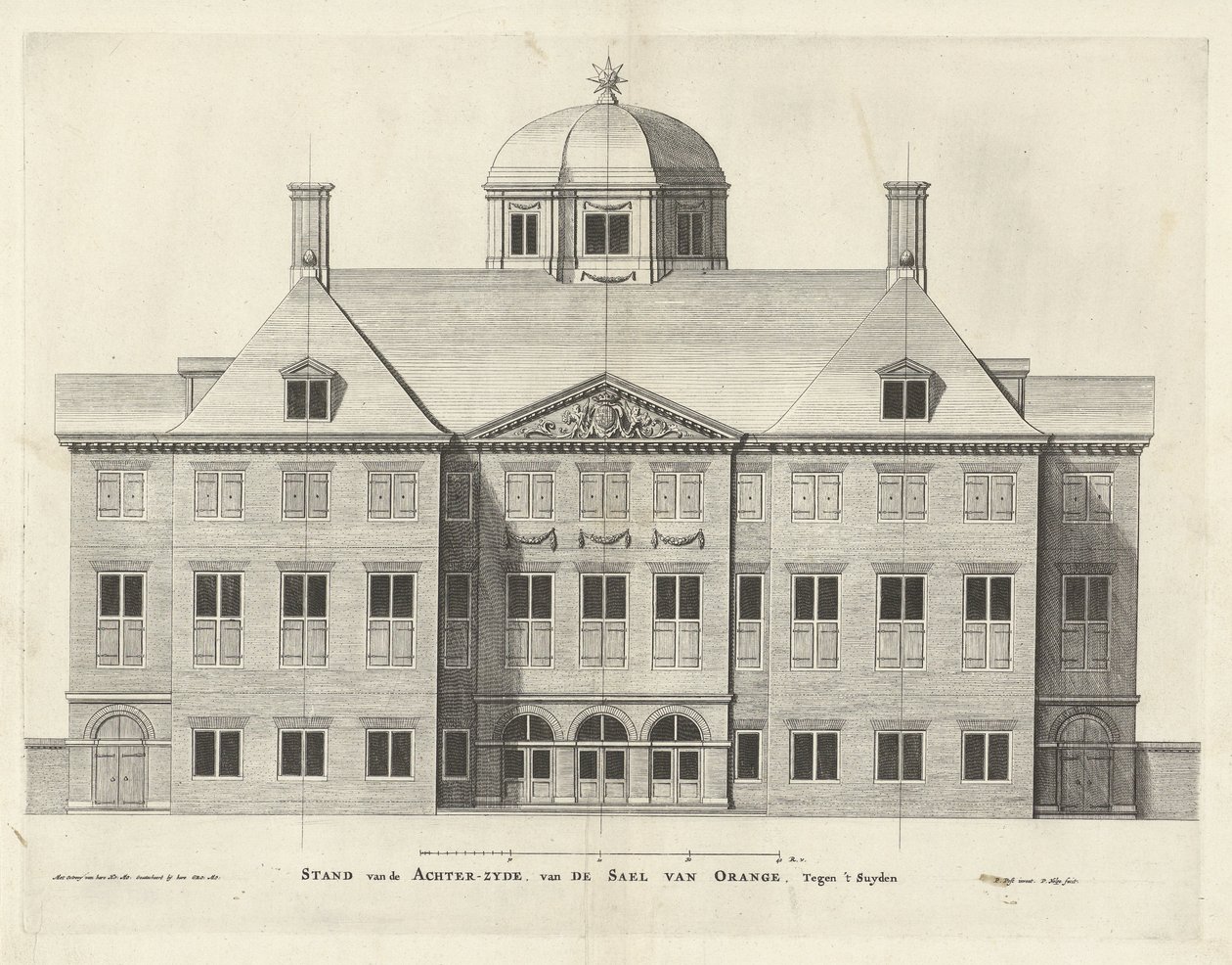 Zadní strana Palace Huis ten Bosch, Holandsko, Pieter Nolpe po Pieter Jansz. Post, lept 294 mm × 387 mm, 1655 od Pieter Nolpe