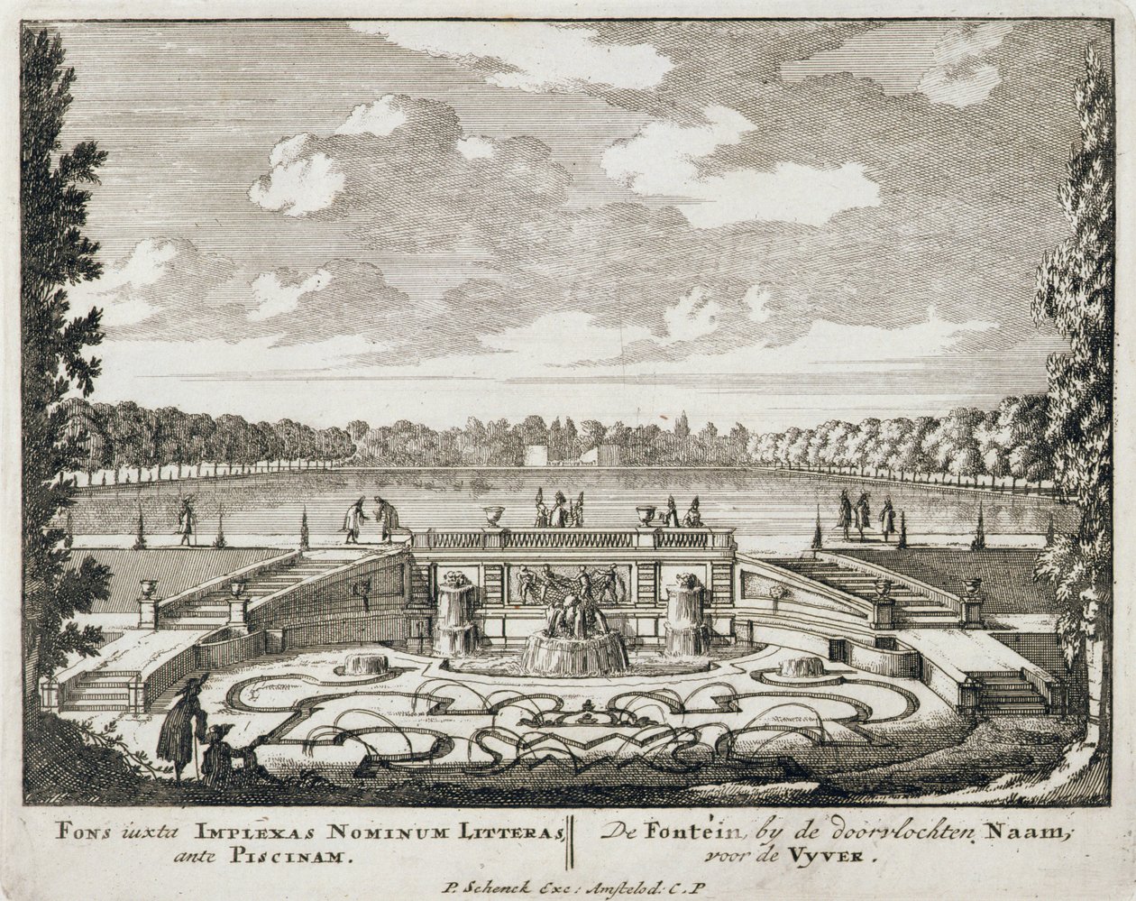 Fontána a vodní trysky v holandské formální zahradě, z „Admirandorum Quadruplex Spectaculum“, od Jana van Calla (1656-1703), vydaného před rokem 1715 od Pieter Schenk