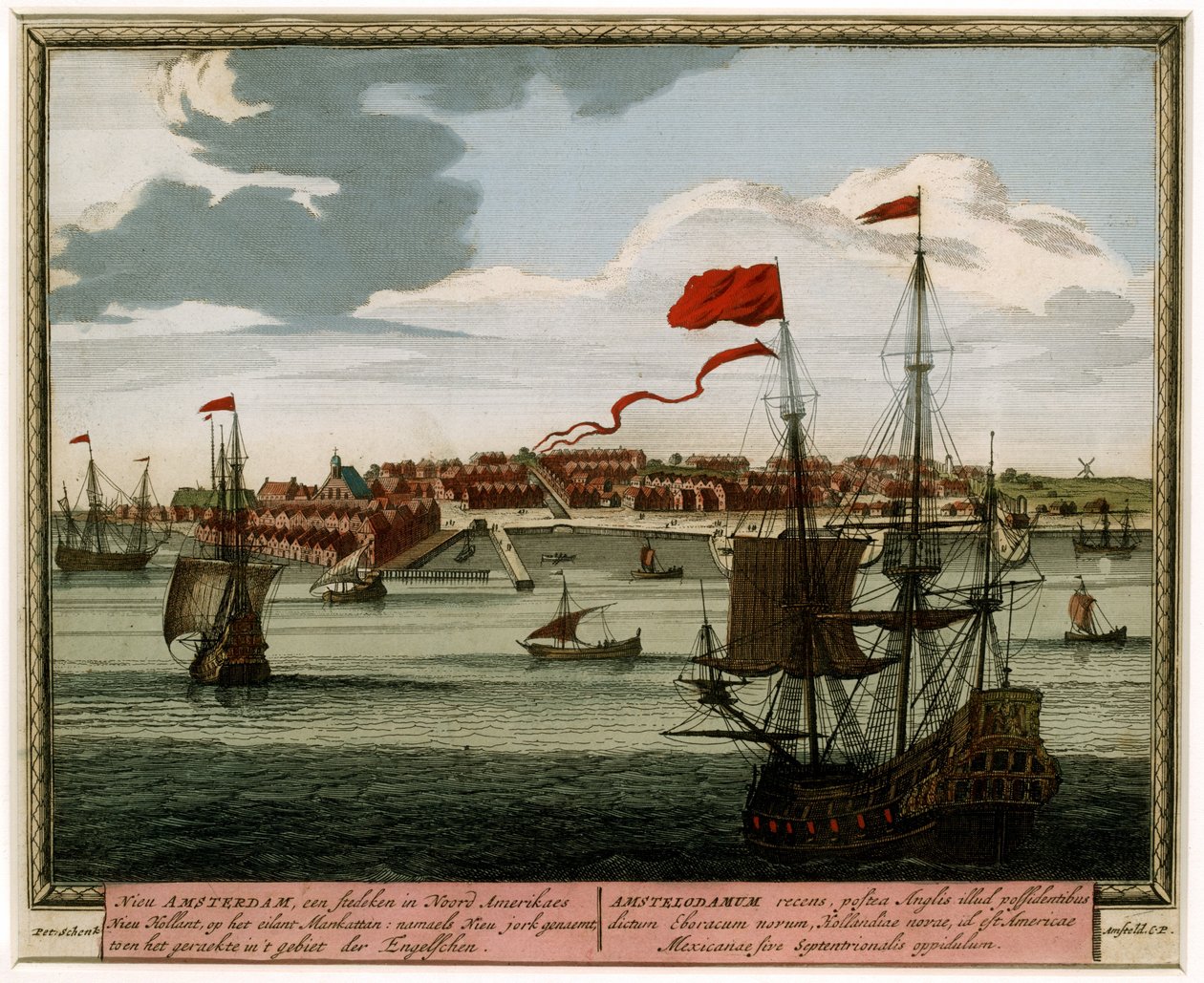 Nový Amsterdam od vody, 1702 (ručně kolorovaná rytina) od Pieter Schenk