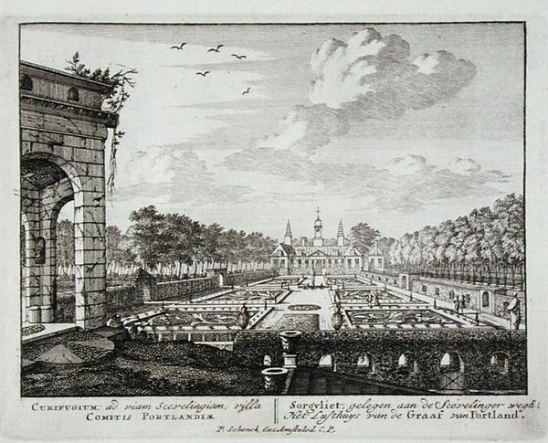 Dům a zahrada v Sorgvliet, sídlo Hanse Willema Bentincka (1649-1709), 1. hraběte z Portlandu, z Admirandorum Quadruplex Spectaculum, od Jana van Calla (1656-1703), vydáno před rokem 1715 (engravi od Pieter Schenk
