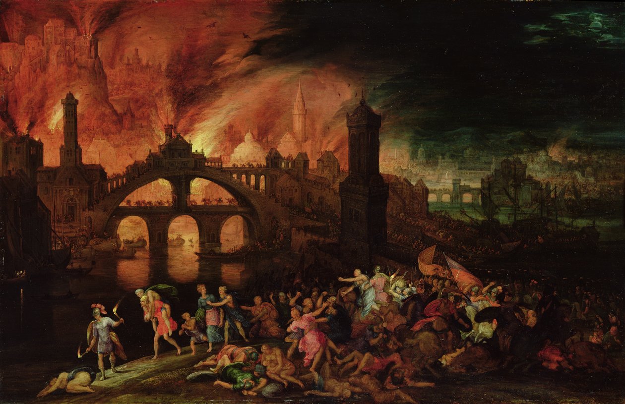 Zničení Tróje, 1606 (olej na mědi) od Pieter Schoubroeck