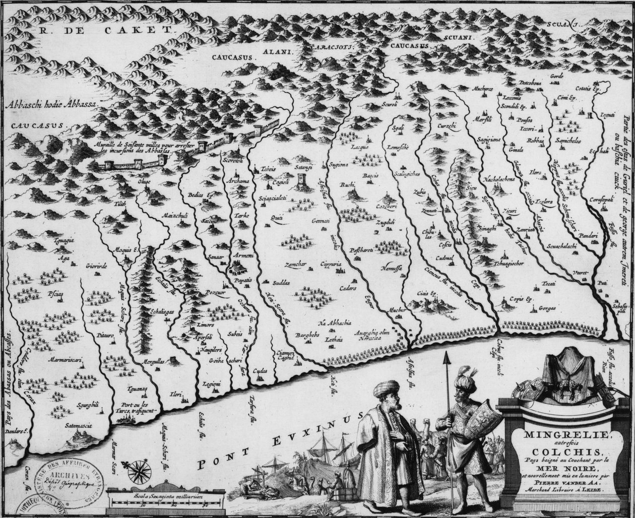 Mapa Colchis (1714) - ukazuje nejstarší známé vyobrazení zdi od Pieter Van der Aa