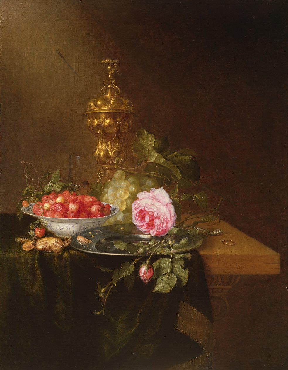 Zátiší s miskou jahod a růží, 1652 od Pieter de Ring