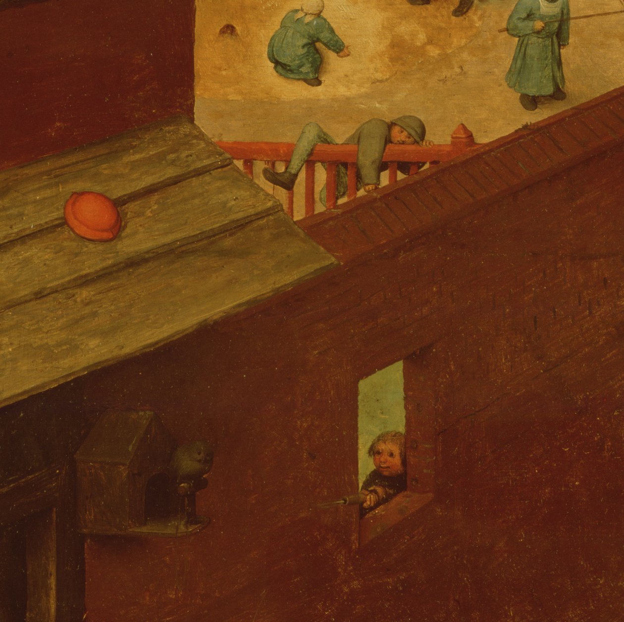 Dětské hry, detail levé části zobrazující dítě lezoucí přes plot a další střelbu na ptáka, 1560 od Pieter Bruegel the Elder