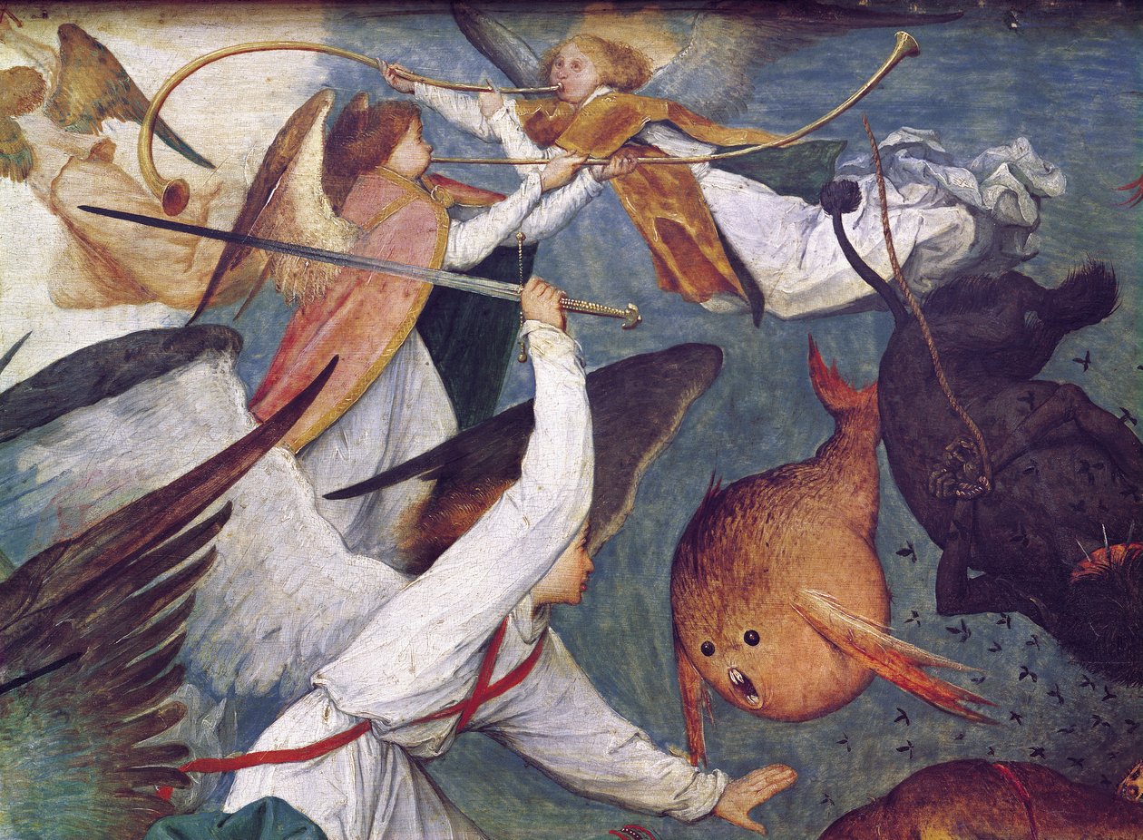 Pád rebelských andělů, detail andělů bojujících a hrajících hudební olej na panelu od Pieter Bruegel the Elder