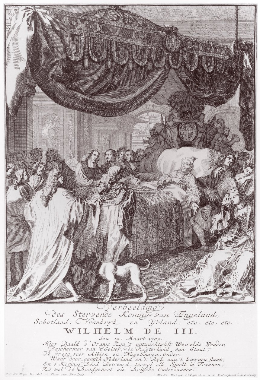 William III (1650-1702) na smrtelné posteli, vyryto umělcem od Pieter van den Berge