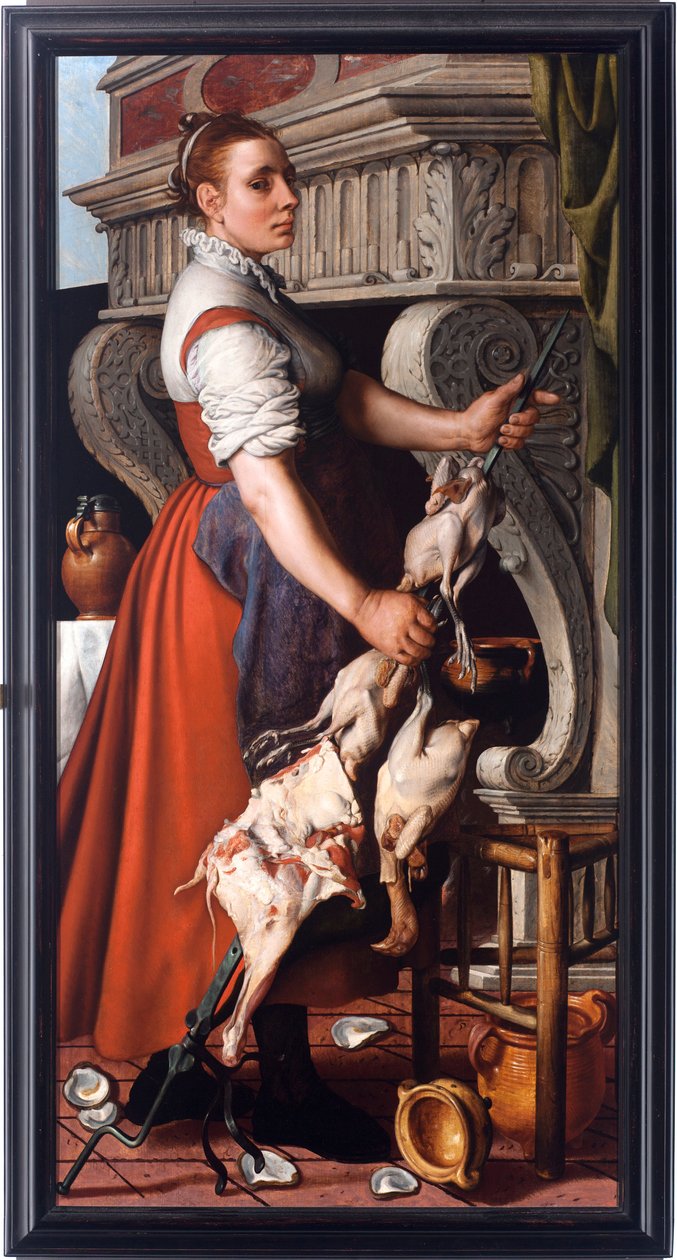 Vařič (Vařič) Mladá žena vyšívající drůbež na krbové rožni - Obraz Pietera Aertsena (1508-1575) 1559 Rozměr 165x85 cm Genes, Musei di Strada Nuova (ex Palazzo Bianco) od Pieter Aertsen