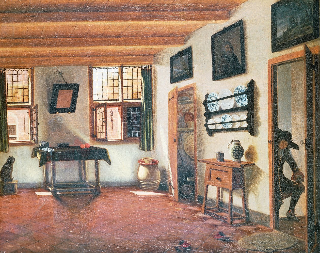 Interiér holandského domu, cca 1670, obraz od Pietera Janssens Elinga (1623-1683), 48x60 cm od Pieter Janssens
