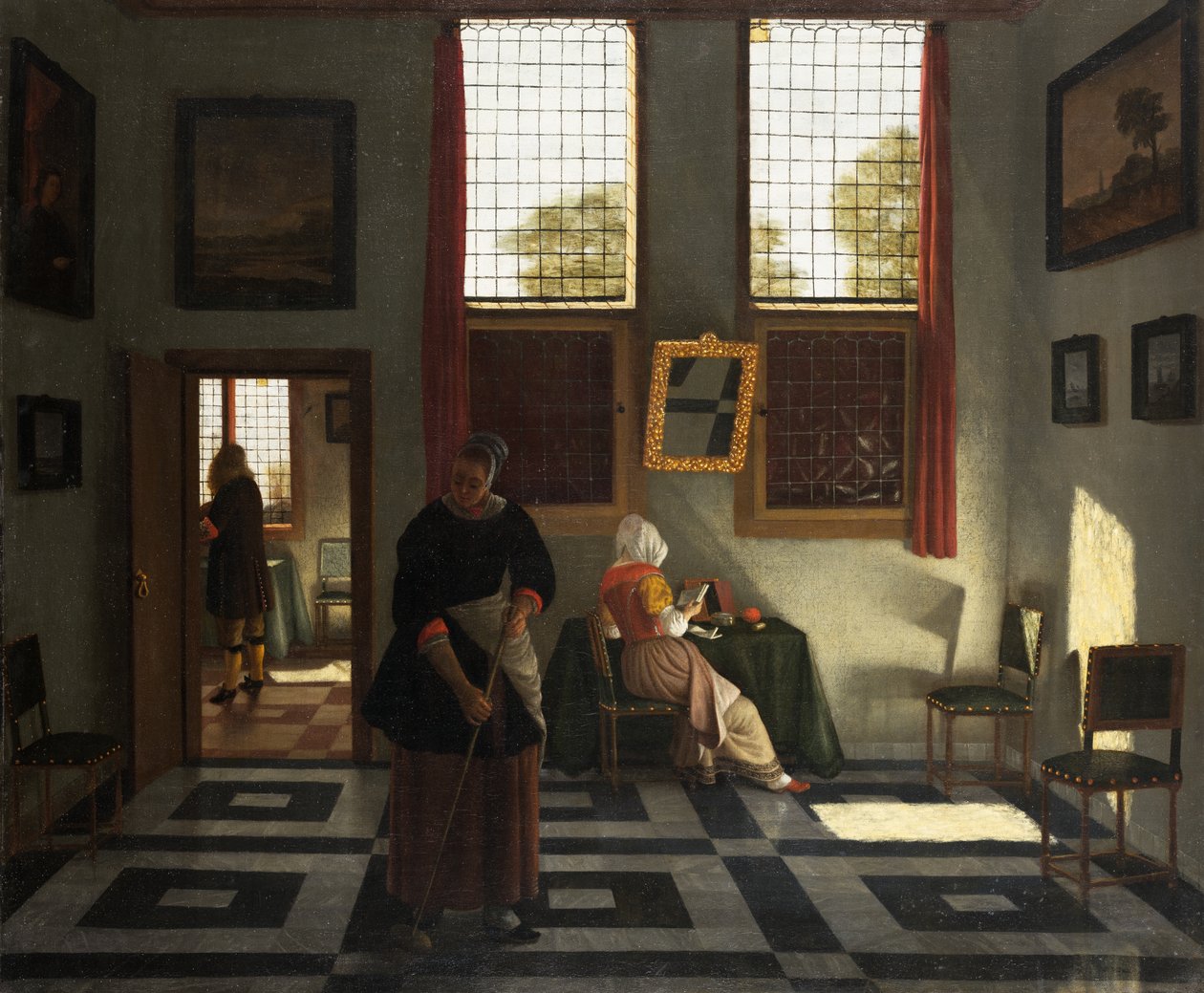 Interiér s malířem, čtoucí ženou a zametající služkou, asi 1665-70 (olej na plátně) od Pieter (1623 82) Janssens
