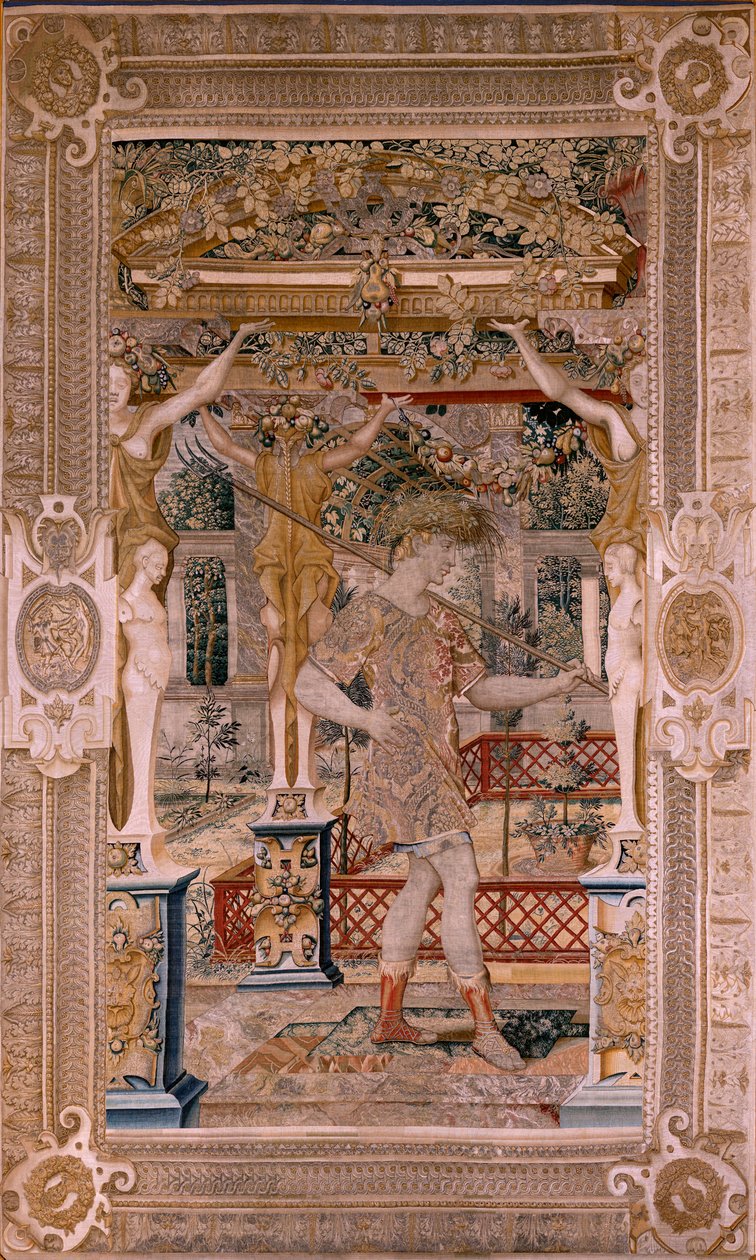 Vlámský gobelín. Série Vertumnus a Pomona. Vertumnus proměněný ve farmáře. Druhá tapisérie v sérii. Levá část transformace Daphne. Modelový kruh Pietera Coecke van Aelsta. Výroba Wilhelm Pannemaker, Brusel. Přibližně 1545-1550. Fabri od Pieter (circle of) Coecke van Aelst