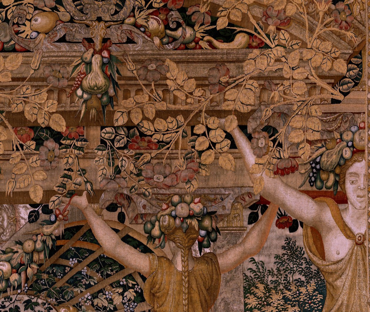 Vlámský gobelín. Série Vertumnus a Pomona. Vertumnus proměněný ve farmáře. Druhá tapisérie v sérii. Pravá část proměna nymfy Myrrha. Modelový kruh Pietera Coecke van Aelsta. Výroba Wilhelm Pannemaker, Brusel. cca 1545- od Pieter (circle of) Coecke van Aelst