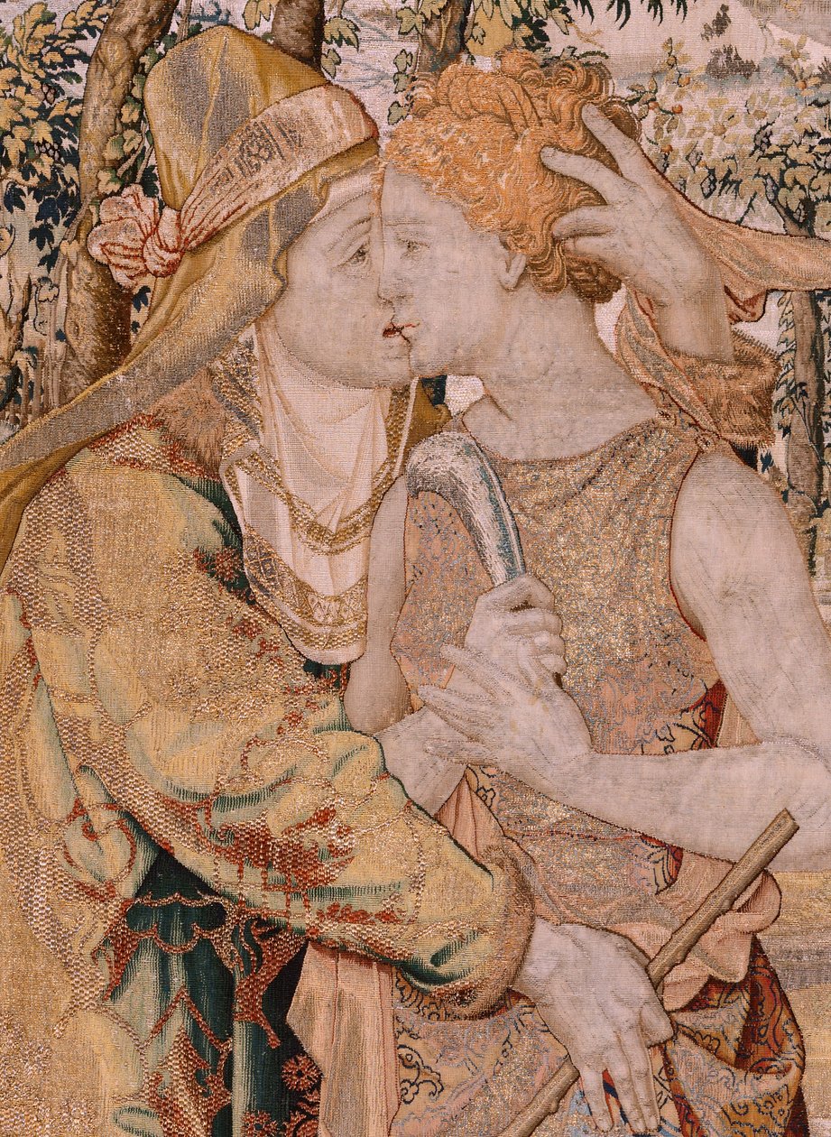 Vlámský gobelín. Série Vertumnus a Pomona. Vertumnus políbí Pomonu. Sedmá tapisérie v sérii. Modelový kruh Pietera Coeckeho van Aelsta. Výroba Wilhelm Pannemaker, Brusel. Přibližně 1545-1550. Tkanina Zlato, stříbro, hedvábí a vlna. Rozměr 430 x 365 cm. od Pieter (circle of) Coecke van Aelst