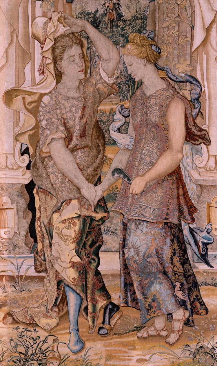 Vlámský gobelín. Série Vertumnus a Pomona. Vertumnus odhalí svou identitu Pomoně (Vertumno se descubre ante Pomona). Osmý gobelín v sérii. Modelový kruh Pietera Coecke van Aelsta. Výroba Wilhelm Pannemaker, Brusel. Přibližně 1545-1550. Fabr od Pieter (circle of) Coecke van Aelst
