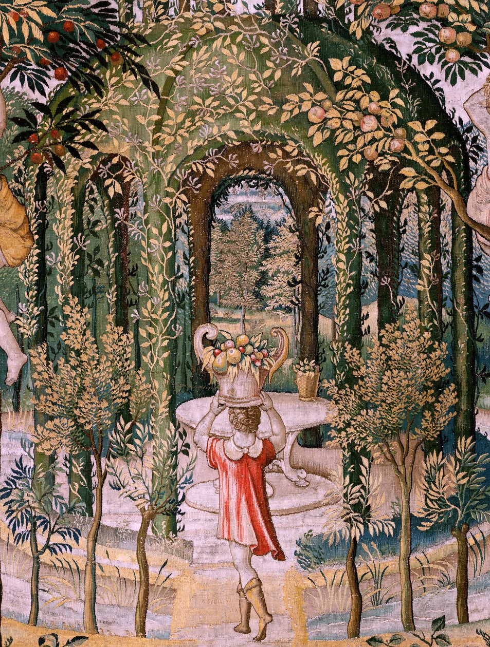 Vlámský gobelín. řada Vertumnus a Pomona; Vertumnus proměněný v zahradníka (Vertumno transformado en jardinero). Pátá tapisérie v sérii. Modelový kruh Pietera Coecke Van Aelsta a Léonarda Thiryho. Výroba Neznámá dílna, Brusel, dříve od Pieter (circle of) Coecke van Aelst