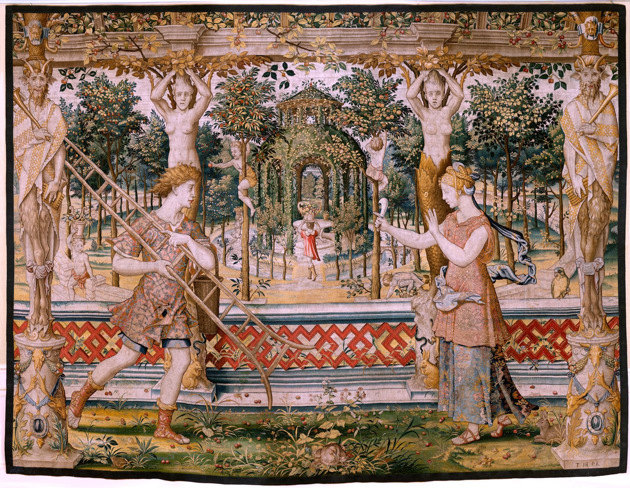 Vlámský gobelín. řada Vertumnus a Pomona; Vertumnus proměněný v zahradníka (Vertumno transformado en jardinero). Pátá tapisérie v sérii. Modelový kruh Pietera Coecke Van Aelsta a Léonarda Thiryho. Výroba Neznámá dílna, Brusel, dříve od Pieter (circle of) Coecke van Aelst