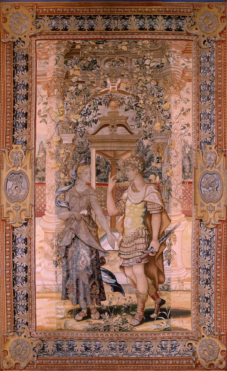 Vlámský gobelín. Série Vertumnus a Pomona. Vertumnus se proměnil ve válečníka. Čtvrtá tapisérie v sérii. Modelový kruh Pietera Coecke van Aelsta. Výroba Wilhelm Pannemaker, Brusel. Ca1545-1550. Tkanina Zlato, stříbro, hedvábí a vlna. Velikost 425 od Pieter (circle of) Coecke van Aelst