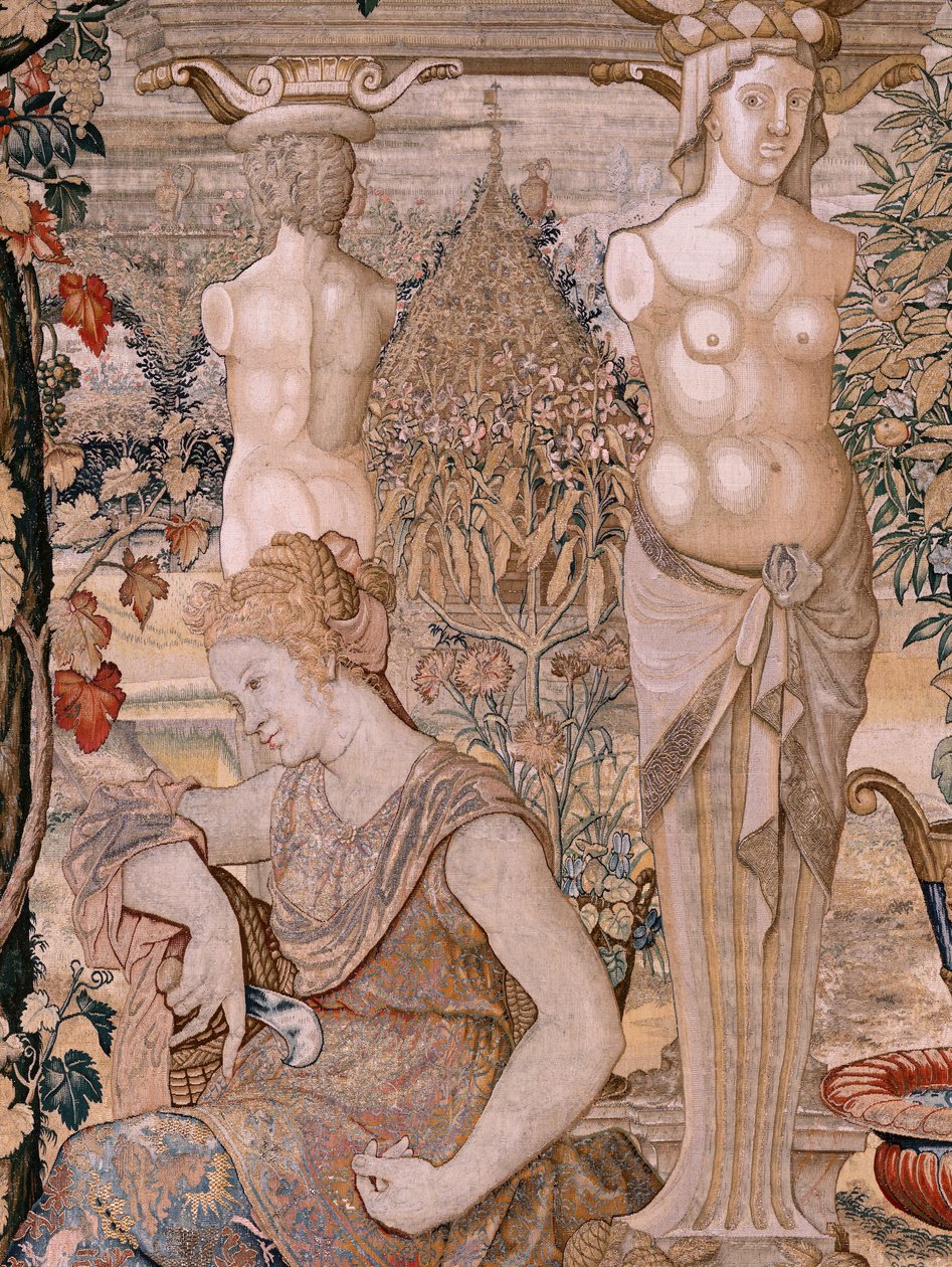 Vlámský gobelín. Série Vertumnus a Pomona. Vertumnus se proměnil ve starou ženu. Vertumnus se proměnil ve starou ženu. Šestá tapisérie v sérii. Modelový kruh Pietera Coecke van Aelsta. Výroba Wilhelm Pannemaker, Brusel. Přibližně 1545-1550. od Pieter (circle of) Coecke van Aelst