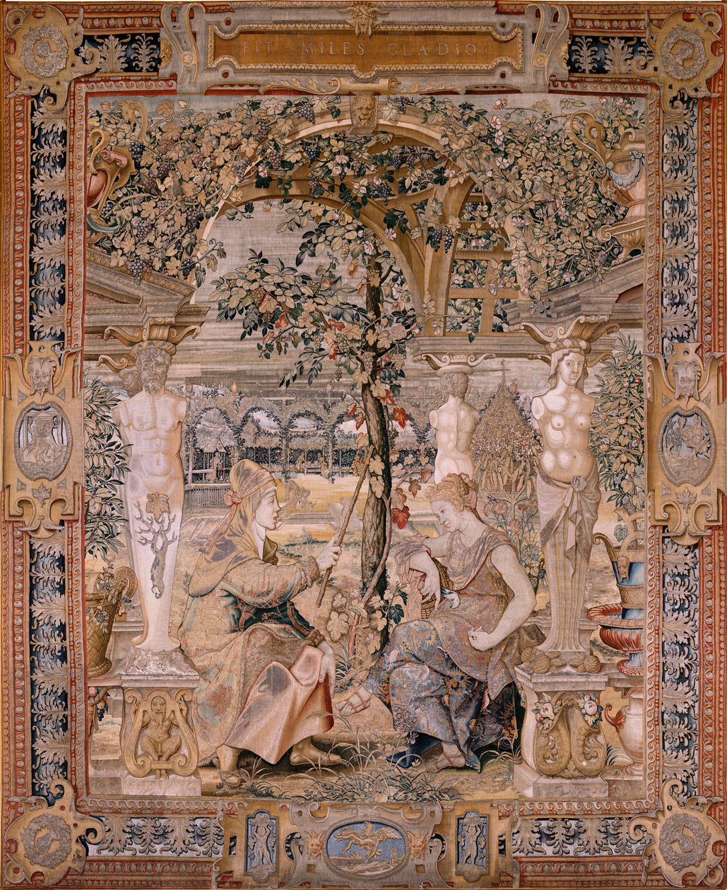 Vlámský gobelín. Série Vertumnus a Pomona. Vertumnus se proměnil ve starou ženu. Vertumnus se proměnil ve starou ženu. Šestá tapisérie v sérii. Modelový kruh Pietera Coecke van Aelsta. Výroba Wilhelm Pannemaker, Brusel. Ca1545-1550. F od Pieter (circle of) Coecke van Aelst