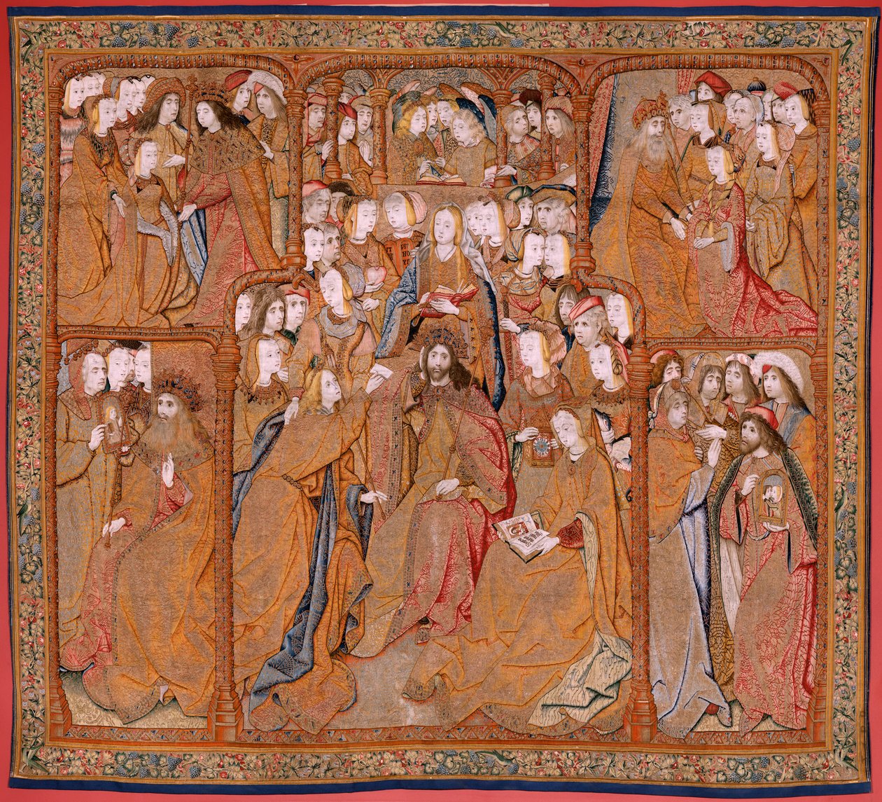 Vlámský gobelín. Série Triumphs of the Mother nebo Paños de Oro. Zvěstování (La Anunciación). Druhá tapisérie v sérii. Model Colin de Cooter (?). Výroba Pieter van Aelst (nebo van Edingen), Brusel. Cca 1500-1502. Tkanina Zlato, stříbro, hedvábí a vlna od Pieter (studio of) Coecke van Aelst