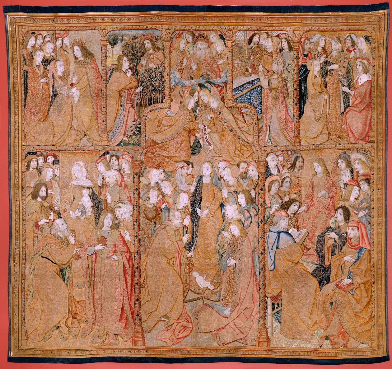 Vlámský gobelín. Série Triumphs of the Mother nebo Paños de Oro. Narození Krista (Nacimiento de Cristo). Třetí tapisérie v sérii. Model Colin de Cooter (?). Výroba Pieter van Aelst (nebo van Edingen), Brusel. Cca 1500-1502. Tkanina Zlatá, stříbrná, sil od Pieter (studio of) Coecke van Aelst