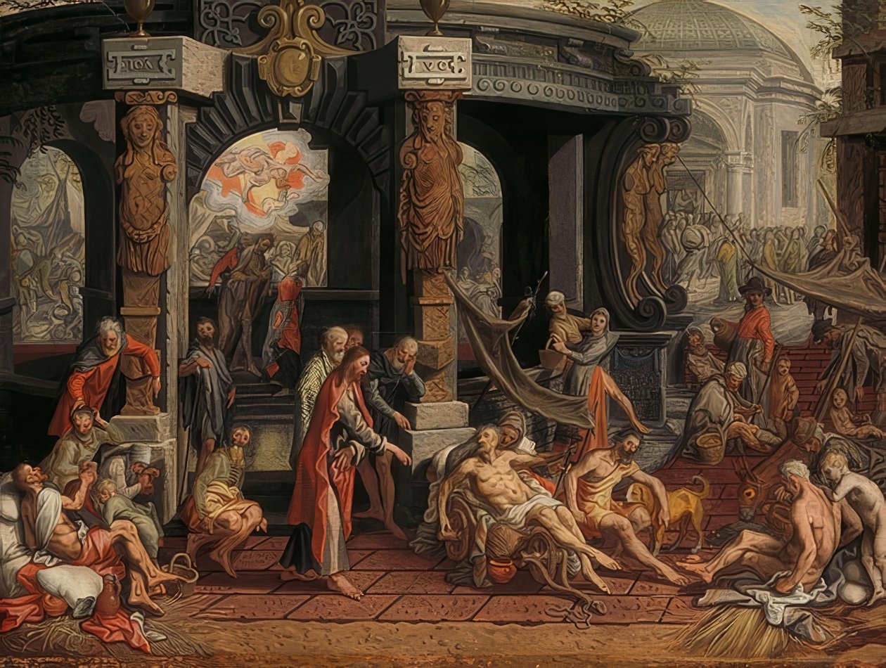 Uzdravení ochrnutého muže u bazénu v Bethesdě. 1575 od Pieter Aertsen