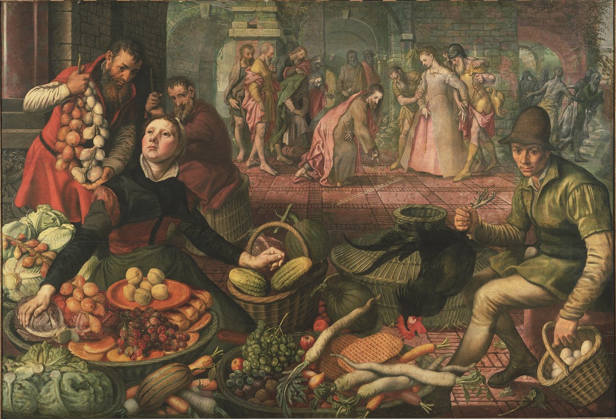 Vycházková scéna a Kristus s cizoložnicí – Kristus a žena přistižená cizoložstvím, Aertsen, Pieter dit Lange Pier od Pieter Aertsen