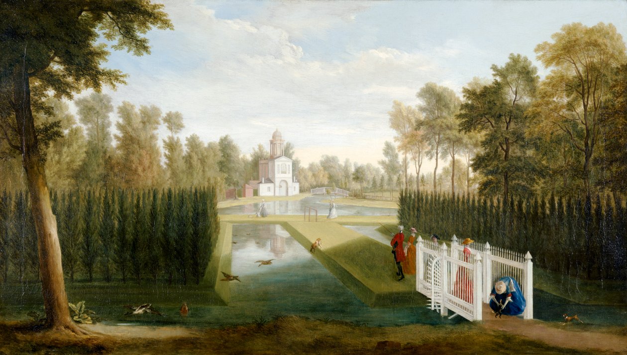 Pohled na Chiswick Gardens směrem k zadní části domu Bagnio (Cascina) Chiswick House (olej na plátně) od Pieter Andreas Rysbrack