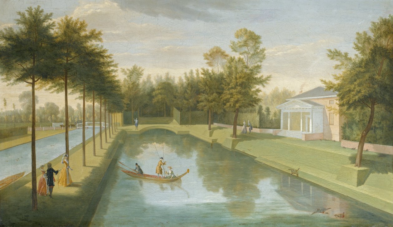 Pohled na chrám u vody, s pánví a dlouhým kanálem, Chiswick Villa (olej na plátně) od Pieter Andreas Rysbrack