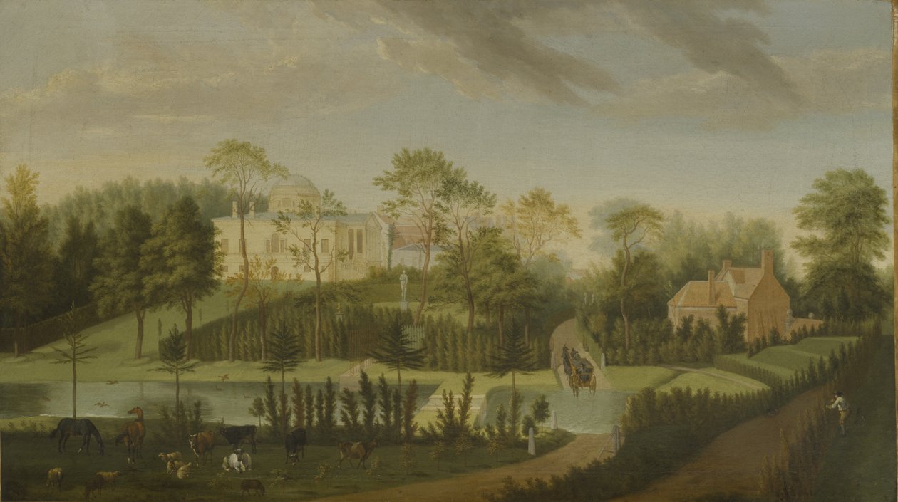 Pohled na terasu s výhledem přes kanál na stranu vily, Chiswick Villa (olej na plátně) od Pieter Andreas Rysbrack