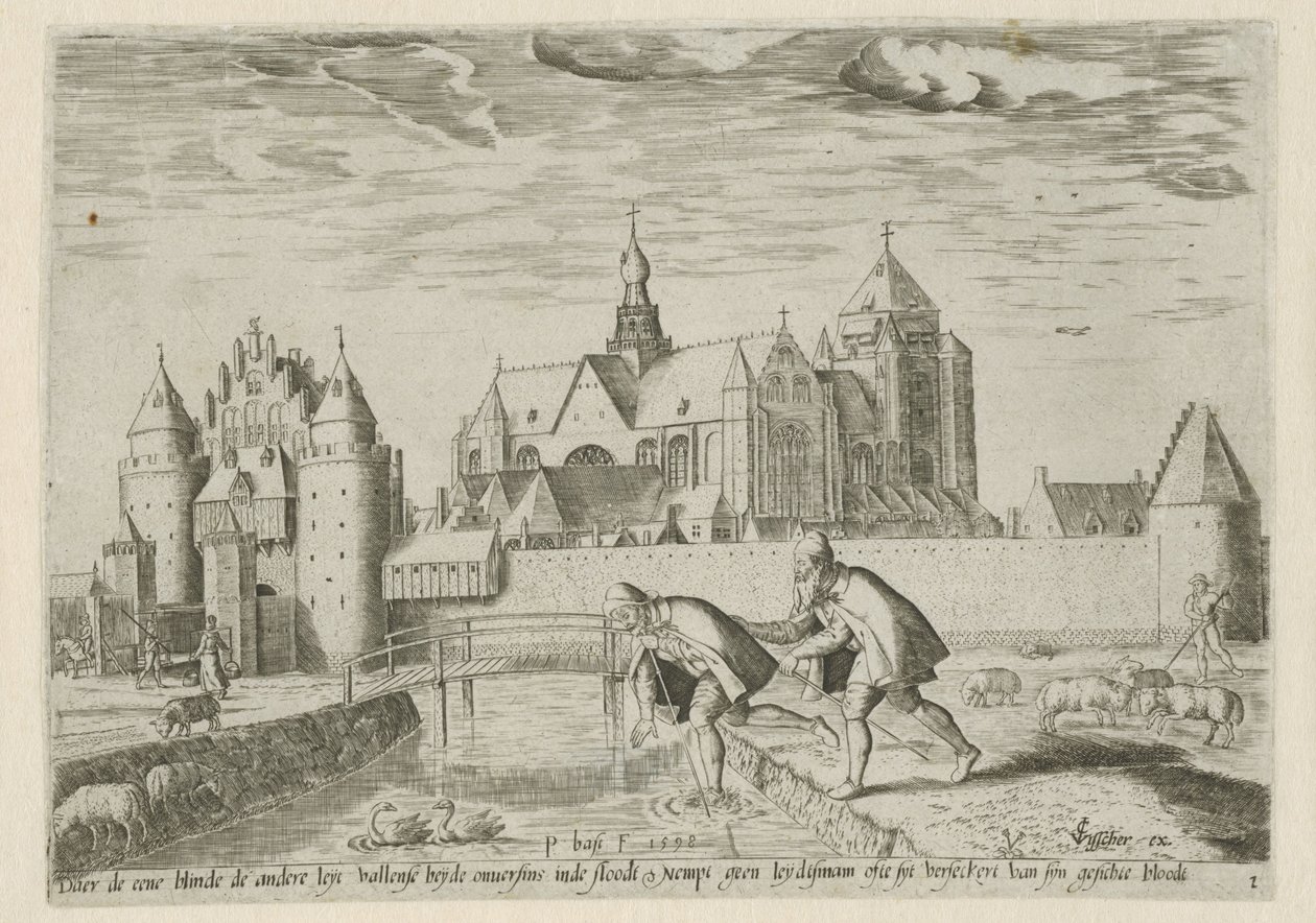 Pohled na Veere s příslovím: jeden slepý vede druhého Krajiny s biblickými scénami (název série) od Pieter Bast