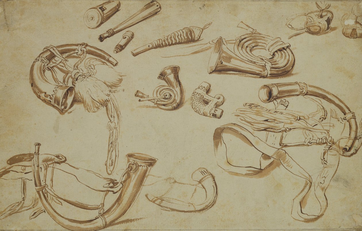 Lovecké vybavení (tužka, pero a inkoust na papíře) od Pieter Bruegel the Elder