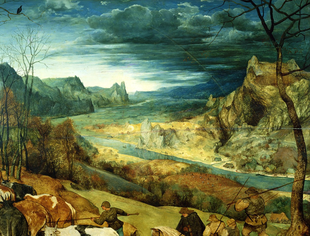 Návrat stáda podzim, 1565 olej na detailu panelu 556 od Pieter Bruegel the Elder