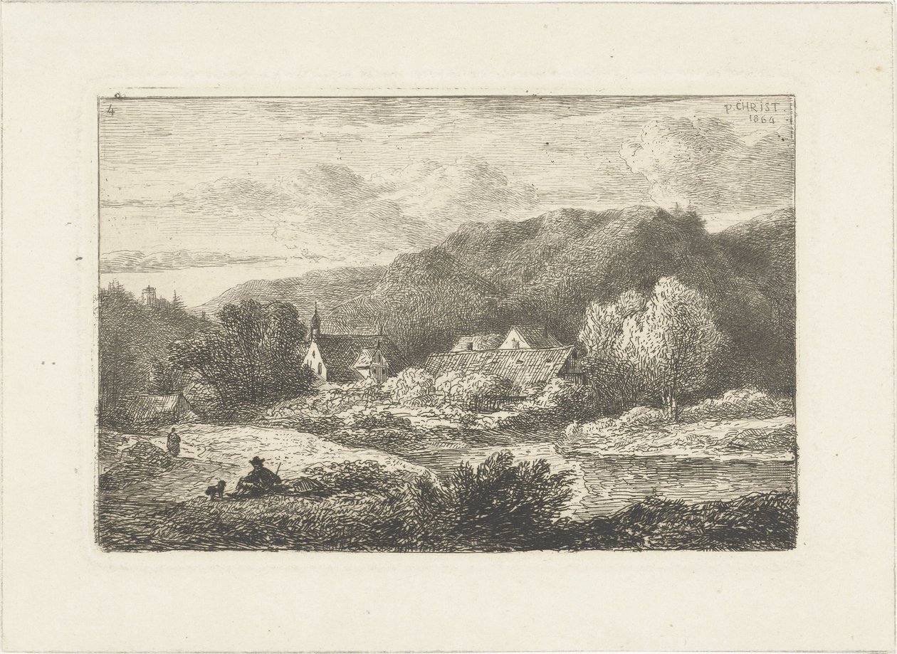 Kopcovitá krajina s kostelem a domy Vodní krajiny (název série) od Pieter Casper Christ