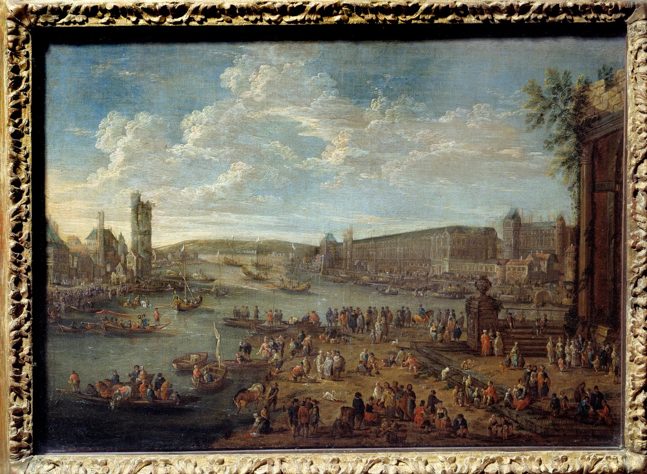 Pohled na Louvre a věž Nesles z Ile de la Cite v Paříži. Obraz Pietera Li Casteelse (1684-1749) od Pieter Casteels