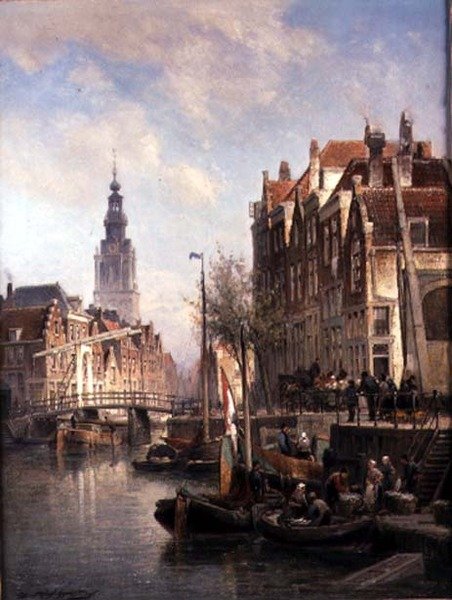 Pouliční scéna na kanálu od Pieter Christiaan Cornelis Dommelshuizen