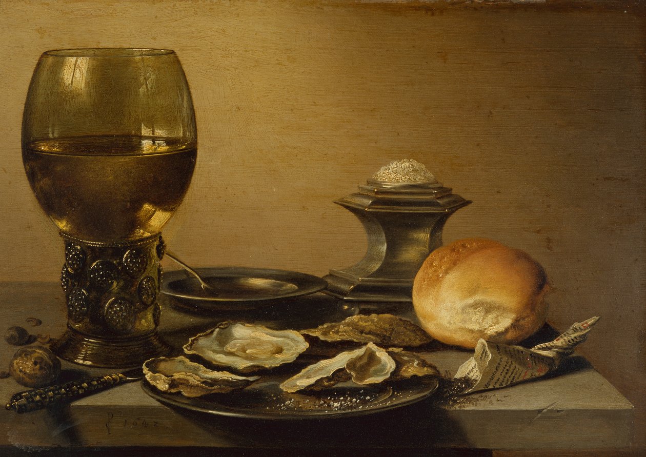 Snídaňové zátiší z ústřic, slaného chleba a ořechů (olej) od Pieter Claesz