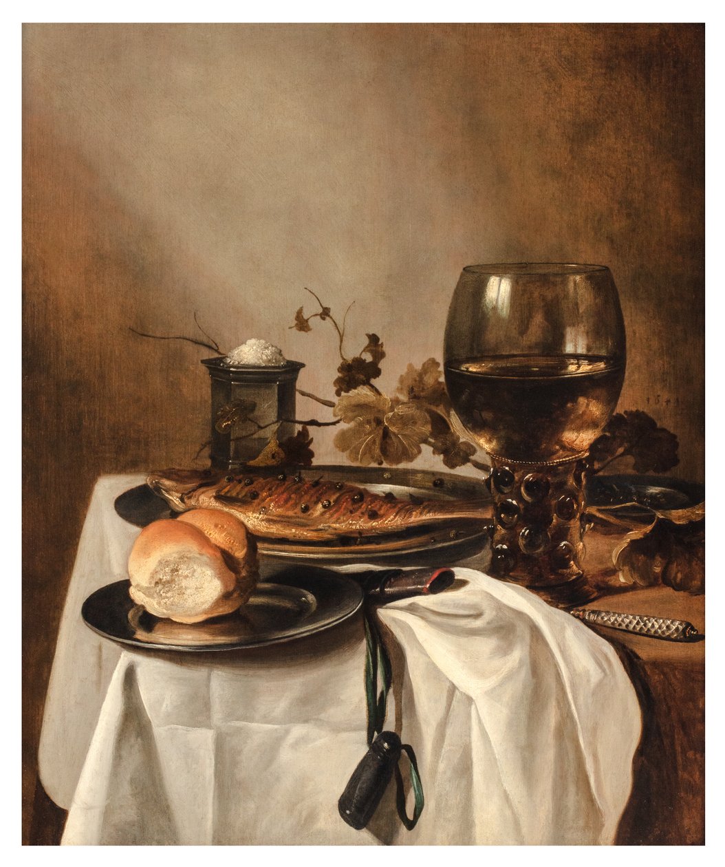 Role, sleď, stříbrná solnice, velký Roemer a nůž na závěsném stole, cca 1644 (olej na desce) od Pieter Claesz
